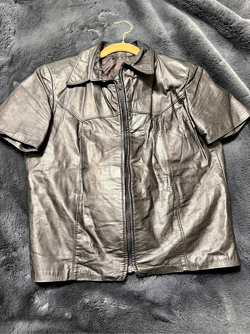 Vintage Leather Craft Women's Black Leather Short sleeve Jacket
